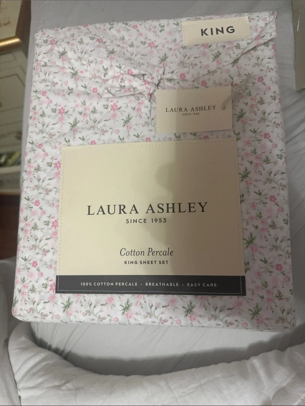 Laura Ashley Pink and Green Floral Cotton Percale King Sheet Set